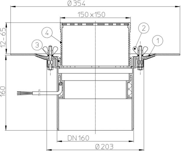 Dachablauf DN160 mit Klemmelement und Heizung (10-30W/230V). Begehbar - 148x148mm / 137x137mm  HL62.1B/5